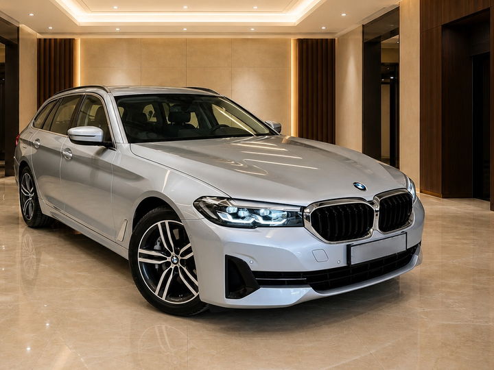 BMW Série 5 Touring gris argent mise en scène dans un hall en marbre - photo mise en scène