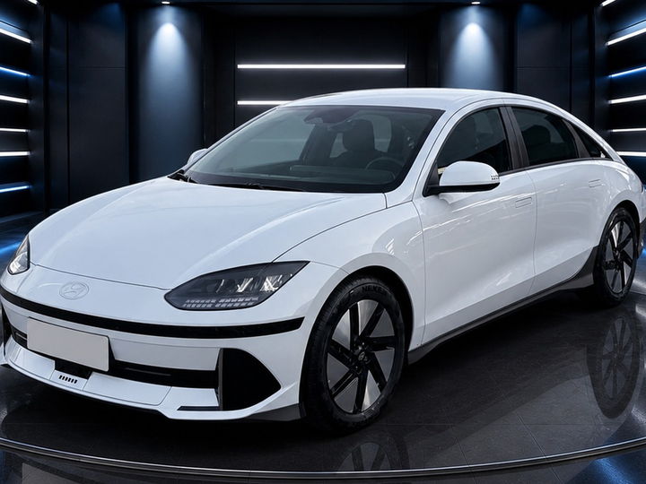 Hyundai IONIQ 6 blanche mise en scène dans un tunnel lumineux à LED - photo mise en scène
