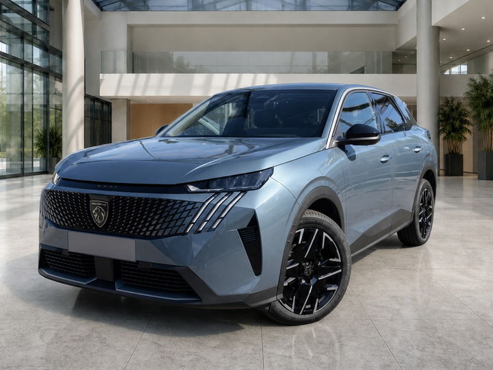 Peugeot 3008 gris bleuté mis en scène dans un hall vitré en plein jour - photo mise en scène