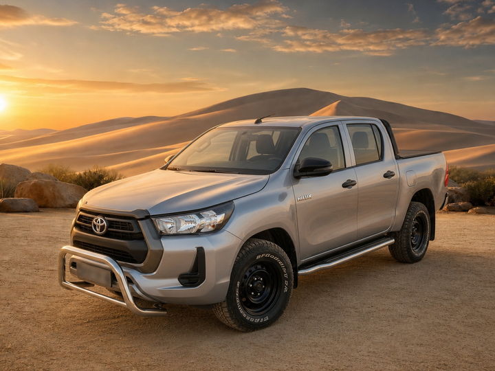 Toyota Hilux gris métallisé mis en scène dans un décor de dunes - photo mise en scène